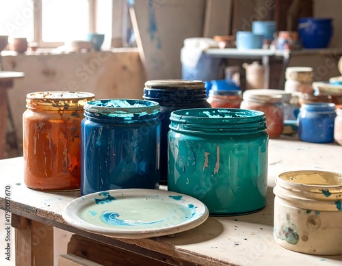 Colorful Paint Jars on Wooden Table.