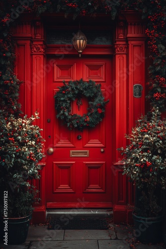 Festive Red Door Adorned With a Wreath and Holiday Decorations in a Charming ...