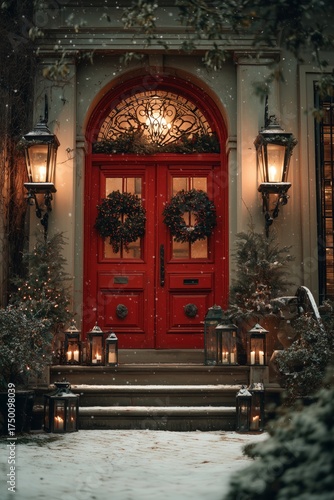 Charming Red Door Decorated for Winter Holidays With Wreaths and Lanterns in ...