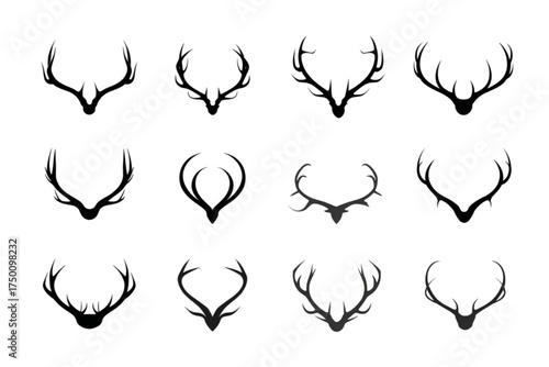Collection of twelve black deer antler silhouettes isolated on white.