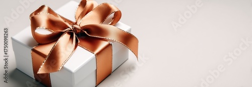 Elegant White Gift Box With a Brown Satin Ribbon Arranged on a Neutral Backgr...