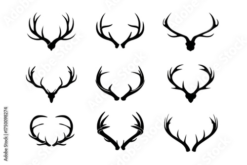 A collection of nine black silhouette deer antler designs.