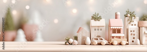 Wooden Toy Houses and Cars on a Table With Soft Lighting for a Cozy Decor Scene