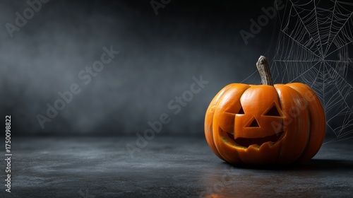 Bright Pumpkin With Spooky Face Surrounded by Cobwebs in a Dark Setting