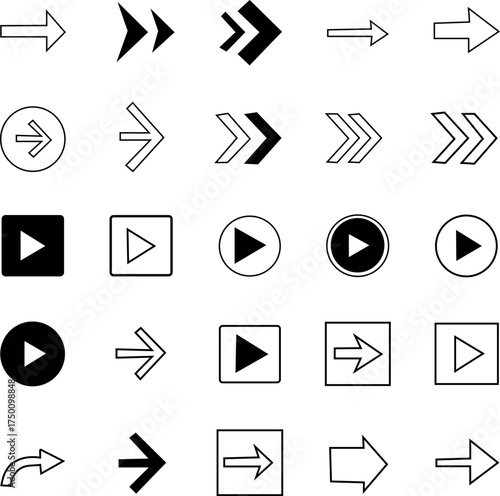 Arrow and Play Button Icons Set — Vector Arrows, Forward and Next Symbols Collection