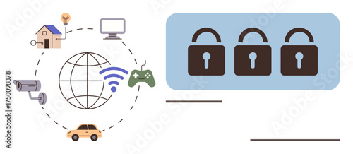 Globe with connected wireless devices thumbs up camera, car, home, and game controller alongside three locks emphasizing security. Ideal for cybersecurity, networks, IoT, online safety, data