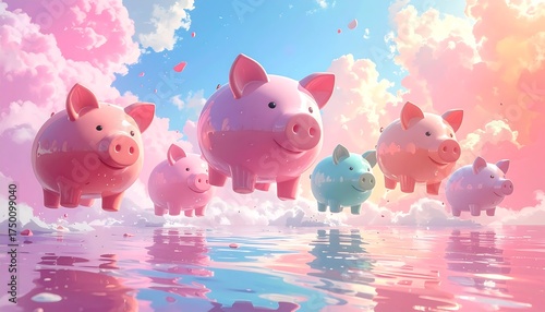 Pink Piggy Banks Floating in a Pastel Sky.