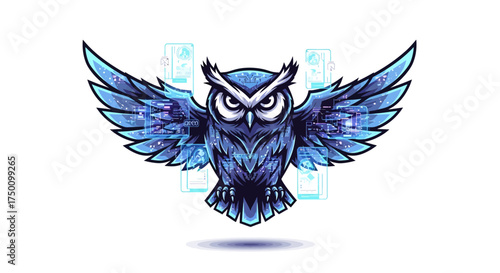 Striking cyber owl logo spreading wings with digital technology, perfect for modern tech brand identity and security company visuals with futuristic aesthetic