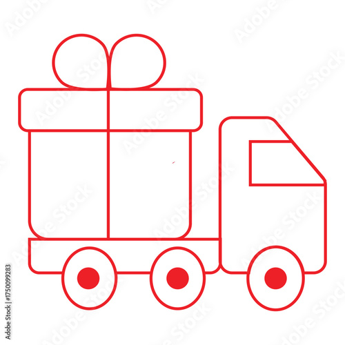 Gift Delivery Truck Icon – Red Line Art Vector of Present Transportation and Shipping Service