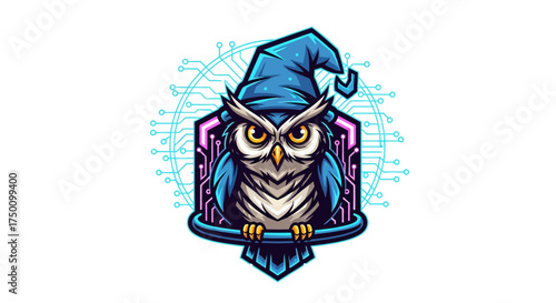 Whimsical owl wizard with technology circuit background for innovative branding and educational content creation needs today in modern designs