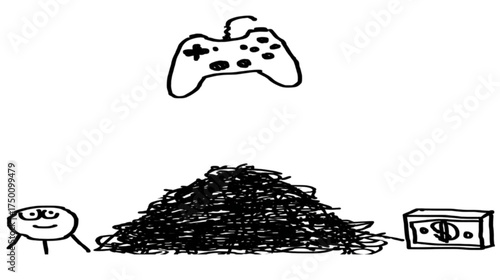 Hand drawn doodle of a choice between video games and money.