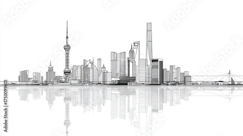 Architectural sketch of the Shanghai city skyline with reflection.