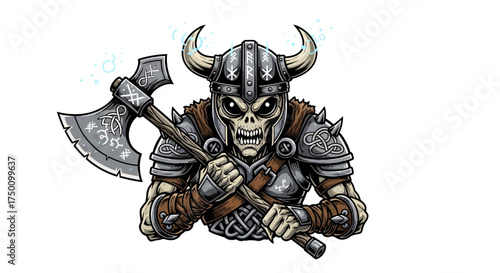 Fierce skeleton viking warrior wielding a battle axe, ready for epic combat with mystical runes and horned helmet