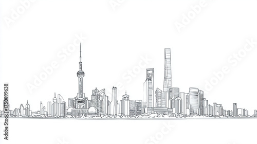 Hand drawn pencil sketch of the Shanghai city skyline on a white background.