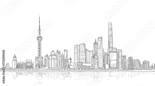 Hand drawn sketch of the Shanghai city skyline with reflections.
