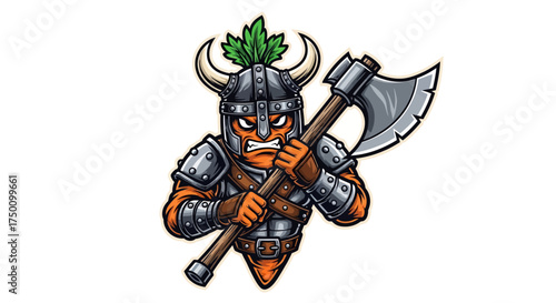 Fierce carrot warrior in viking armor wielding a mighty axe, ready for epic battle and adventure