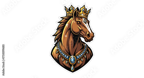 Majestic horse wearing a regal golden crown and ornate jeweled necklace, embodying power and nobility in a striking portrait.