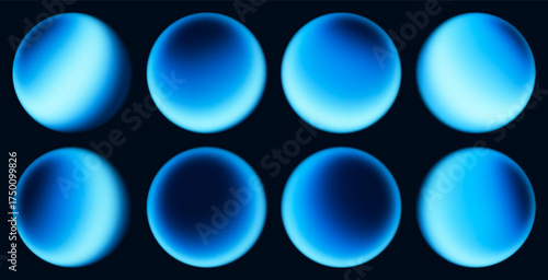 Set of airy blue glowing gradient spheres. Gently illuminated blue glowing spheres with beautiful smooth gradients for creative banners, visual effects, digital art compositions, futuristic projects