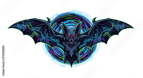 Aggressive cybernetic bat with glowing circuits and red eyes unleashes digital power against vibrant tech vortex background