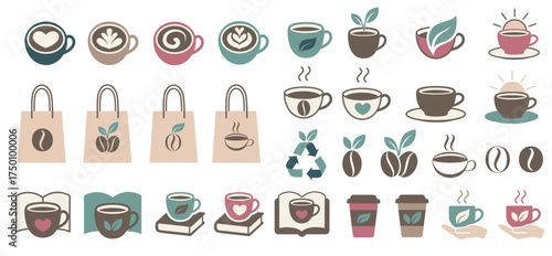 A collection of coffee-themed vector flat icons including cups, mugs, beans, bags, books, steam, leaves, recycling symbols, and hands, designed in a modern, minimal, and eco-friendly style.
