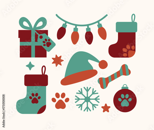 A festive vector flat art set featuring Christmas-themed pet elements including stockings, paw prints, a gift box, bone, snowflake, lights, Santa hat, ornaments, and stars.
