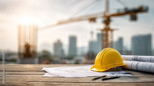 Construction Site at Sunset Featuring a Hard Hat, Blueprints, and a Crane in ...