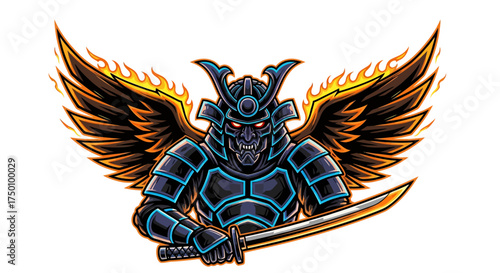 Fierce winged samurai warrior with glowing red eyes and flaming wings holds a katana sword ready for battle