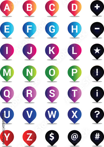 Gradient Letter and Symbol Map Pins Collection