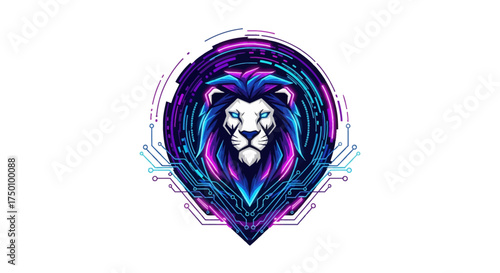 Futuristic neon lion emblem with circuit board details creates a powerful symbol for modern technology and innovation companies looking for strong branding assets