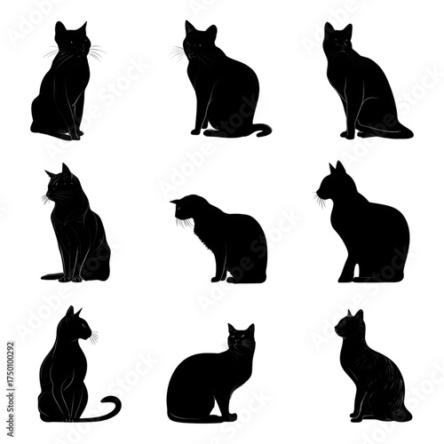 Set of nine black cat silhouettes in various poses.