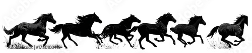A dynamic sequence of six black horse silhouettes running in a powerful gallop.