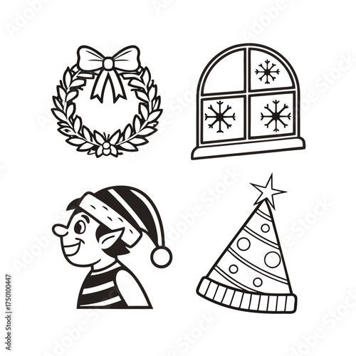 Whimsical christmas elements collection featuring wreath elf hat and snowflake window design isolated on transparent background