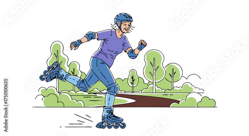 Senior woman rollerblading in park with vibrant trees and pathway. This active senior woman enjoys rollerblading amidst lush greenery, embodying fitness and vitality.