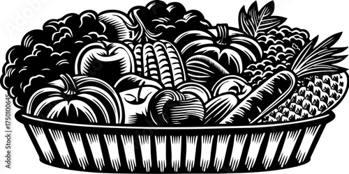 Harvest basket filled with assorted fresh fruits and vegetables including pumpkins, corn, carrots, and berries. This harvest basket showcases seasonal produce and highlights abundance in agriculture.