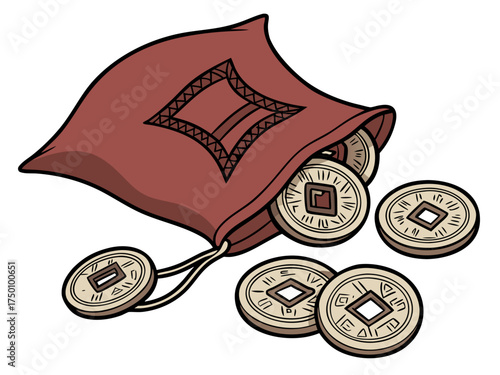 Chinese coins spilling from red pouch on white background. Colorful illustration features traditional Chinese coins with unique square holes and ornate pouch, symbolizing wealth and prosperity.