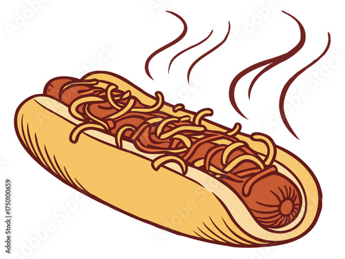Delicious chili dog with onions and steam rising from freshly baked bun. Chili dog features savory ingredients like juicy sausage and crunchy onions, making it ideal for food lovers.