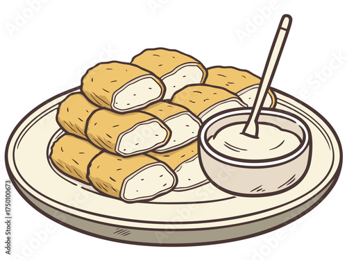 Delicious chicken nuggets served with creamy dip on white plate. Chicken nuggets are crispy and golden brown, paired perfectly with smooth dipping sauce.