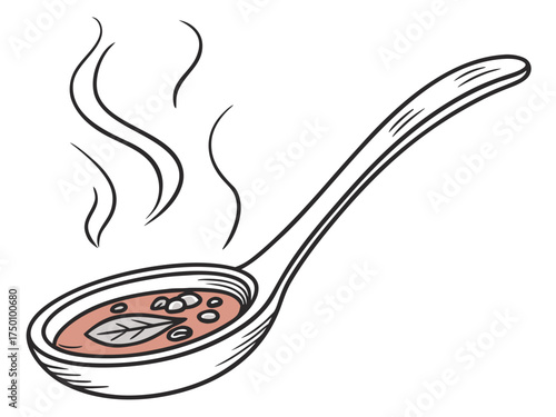 Ceramic spoon with soup, steam rising from hearty soup filled with lentils and spices. Ceramic spoon showcases vibrant soup with fresh ingredients, ideal for culinary blogs and food illustrations.