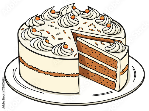 Delicious carrot cake with smooth frosting and perfect layers on white plate, showcasing delightful texture and design. Carrot cake features rich flavors and tantalizing sweetness