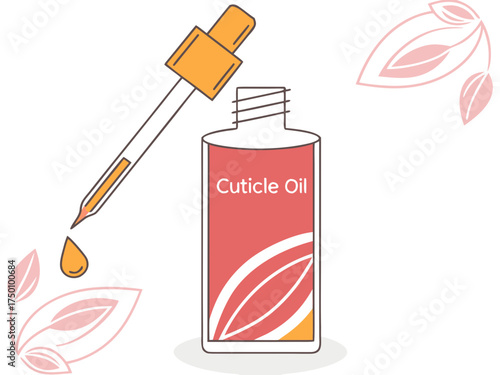 Cuticle oil bottle with dropper and fresh leaves surrounding it, cuticle oil nourishing nails and enhancing beauty. Organic cuticle oil concept for wellness, personal care, and beauty treatments.