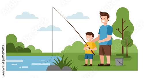 Father and son fishing together by the lake on a sunny day.