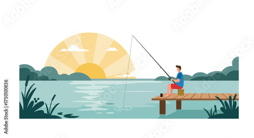 Man fishing from a wooden pier at sunset.