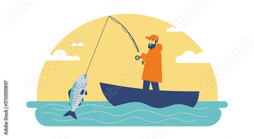 Fisherman Catching Fish from Boat in Water.