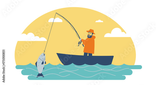 Man fishing from a boat catches a large fish.