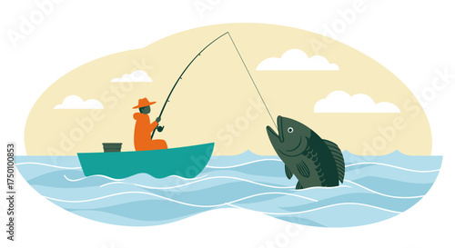 Fisherman in a small boat catches a giant fish from the sea.
