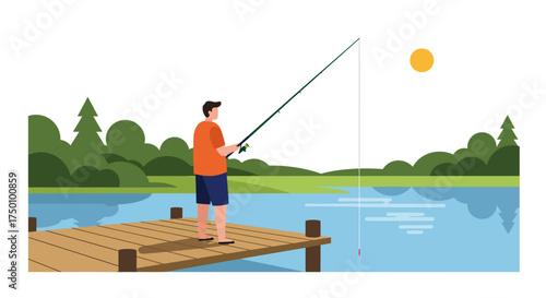 Man in casual clothes fishing from a wooden pier.