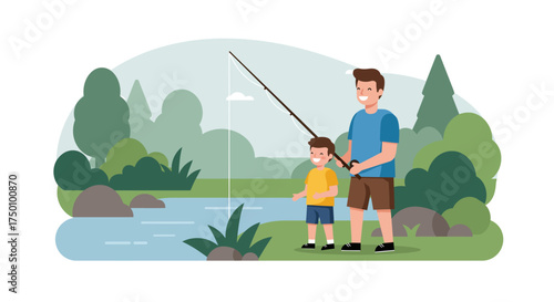 Father and son fishing together enjoying a peaceful day outdoors.