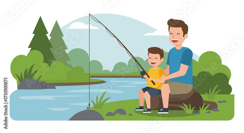 Father and Son Fishing Together by the River.