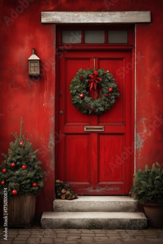 Festive Red Door Adorned With a Wreath and Holiday Decorations in a Charming ...