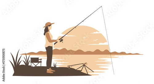 Woman fishing by the lake enjoying outdoor leisure activity.